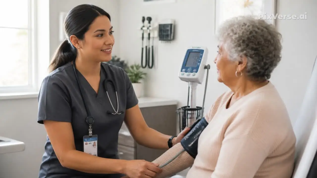 A clinical medical assistant measuring patient vital signs in a modern clinic environment to optimize patient care and career advancement.