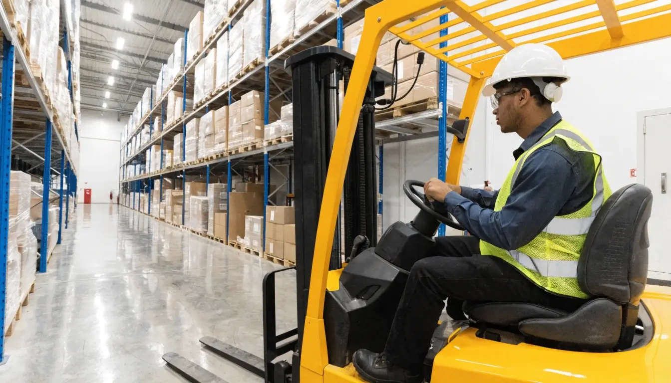 Forklift operator transporting pallet inventory at a high paying facility