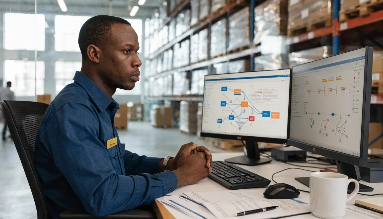 An inventory control manager analyzing data schedules inside a warehouse hub