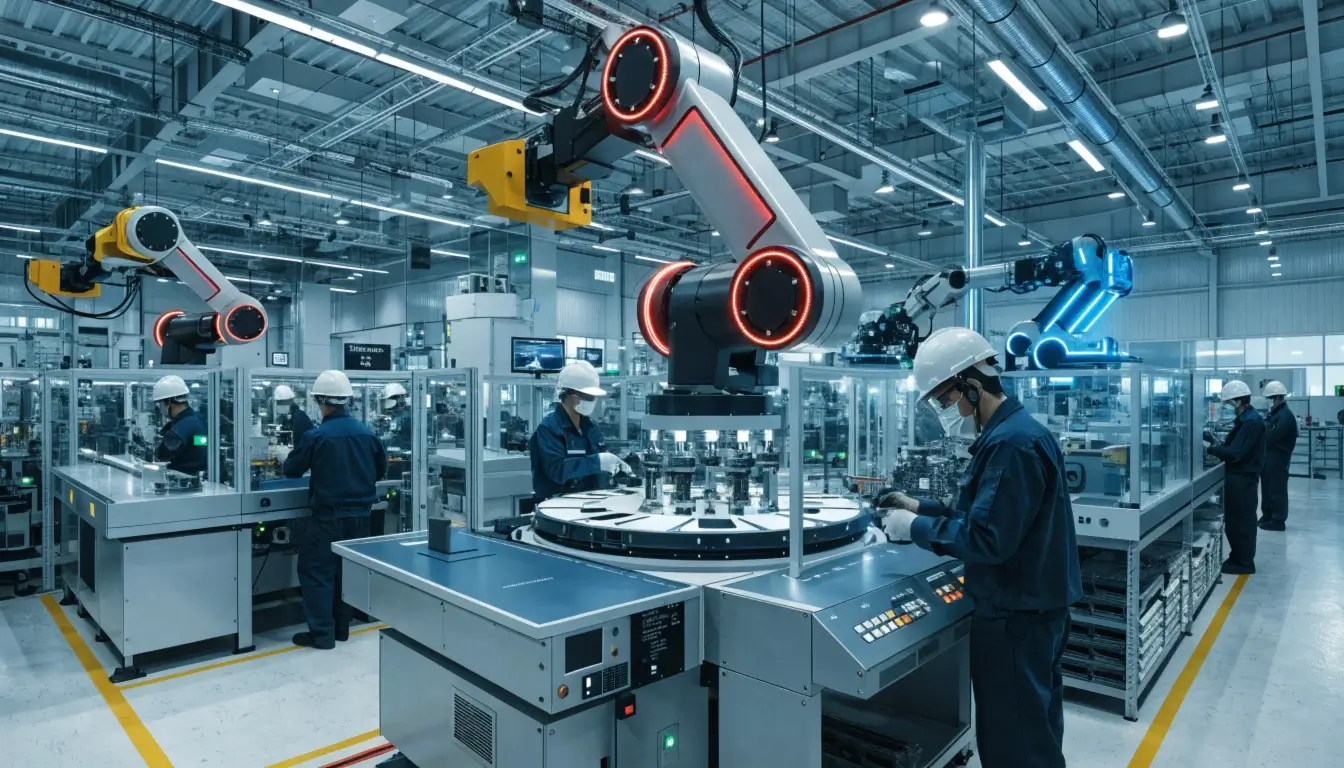 A clean high tech factory floor with automated machinery and workers in uniforms