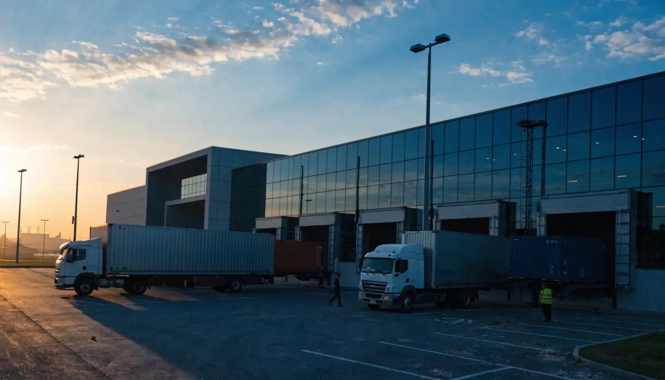 A professional logistics facility with commercial transport trucks loading cargo, ideal for urgent hiring jobs in Texas options.