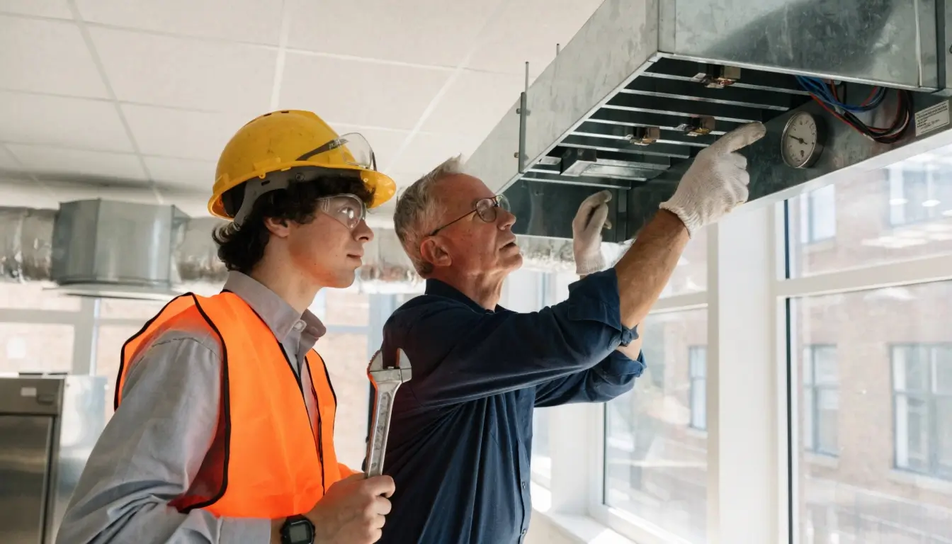 An apprentice and senior technician working on climate systems, illustrating high paying no experience jobs