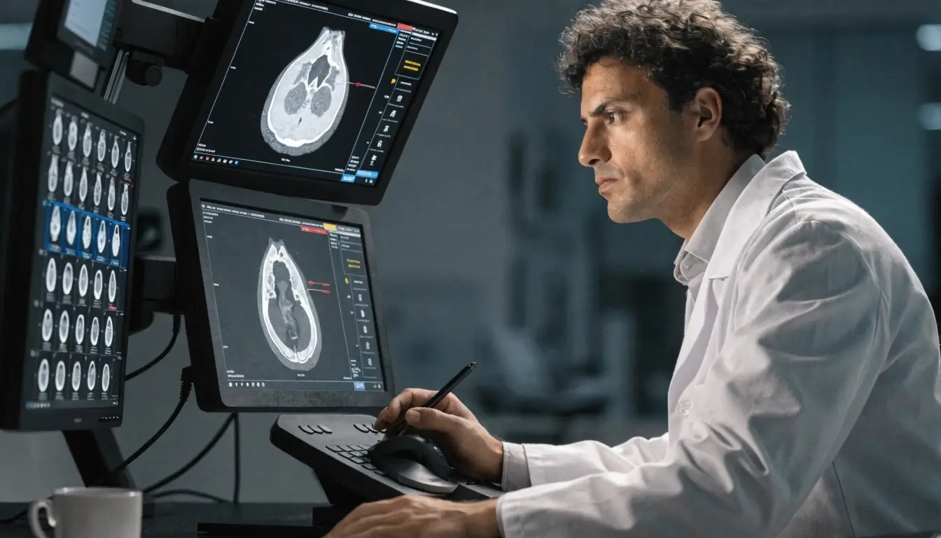 Diagnostic radiologist analyzing advanced imaging files at a workstation
