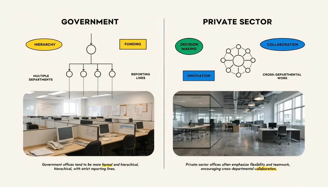 A comparison showing government jobs vs private jobs career tracks