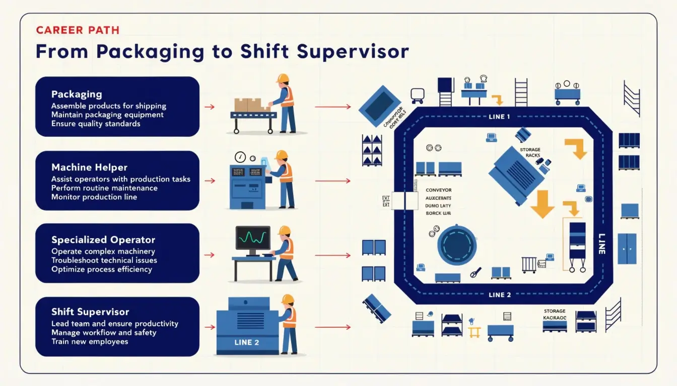 A roadmap diagram detailing how to get a factory job with no experience and advance to shift lead