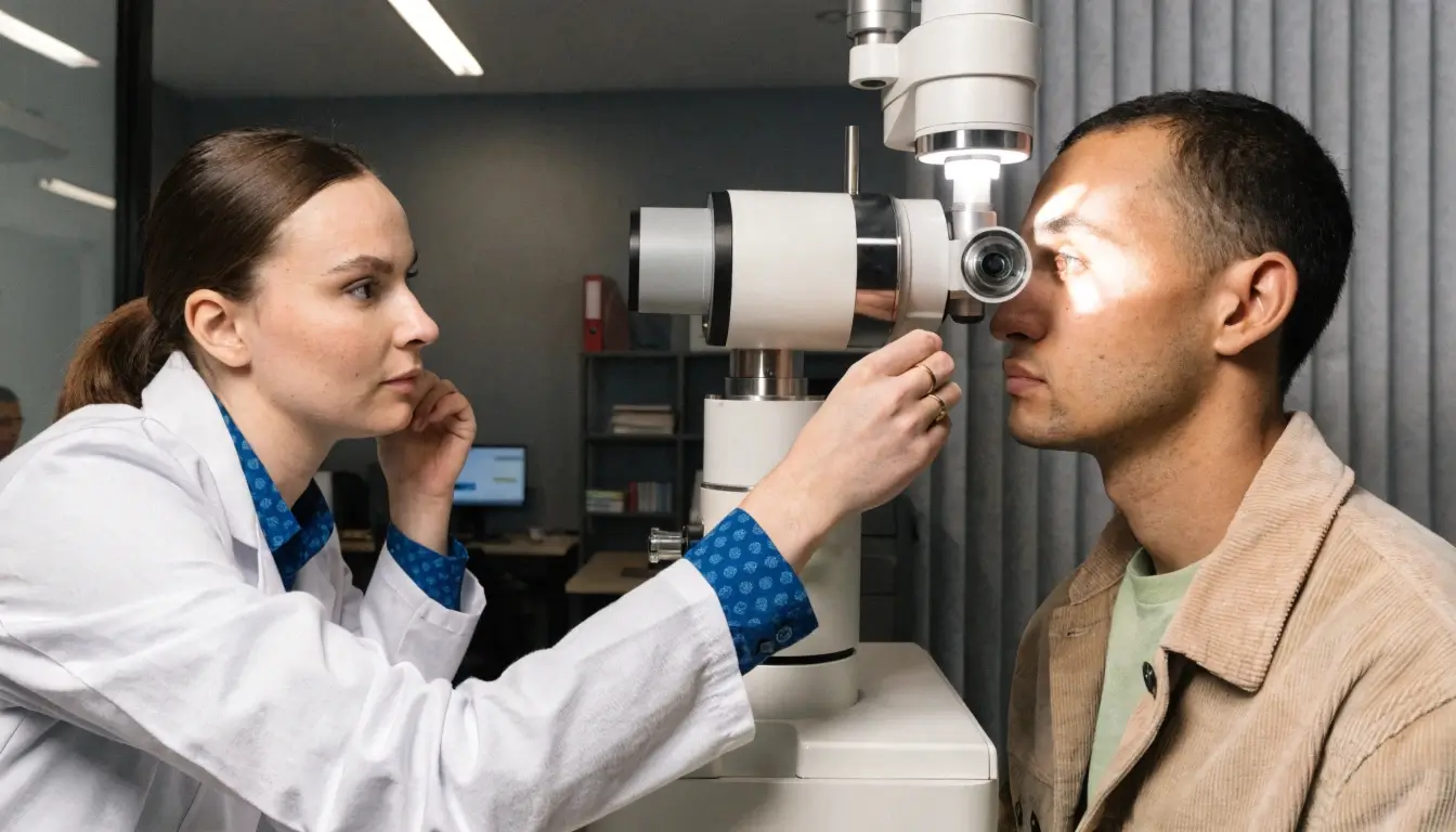 An ophthalmic technician using advanced optical diagnostic machinery to determine patient visual health.