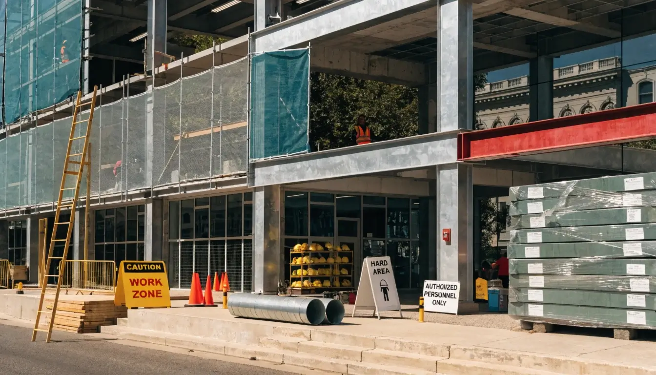 Commercial construction helpers working safely on a modern structural build site in Texas.