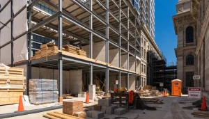 Commercial construction helpers working safely on a modern structural build site in Texas.
