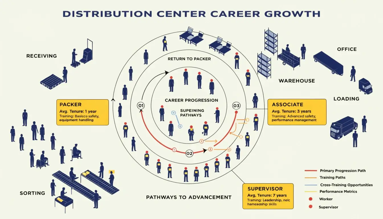 An analytical flow diagram outlining distribution center career growth steps
