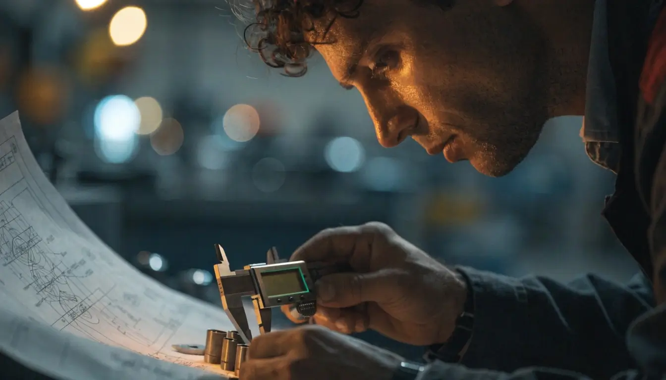 An industrial worker verifying safety specifications and quality tolerances with calipers